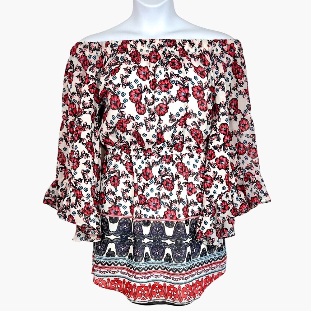 Women's Size L Off-Shoulder Boho Floral Dress Bell Sleeves Elastic Waist VGUC